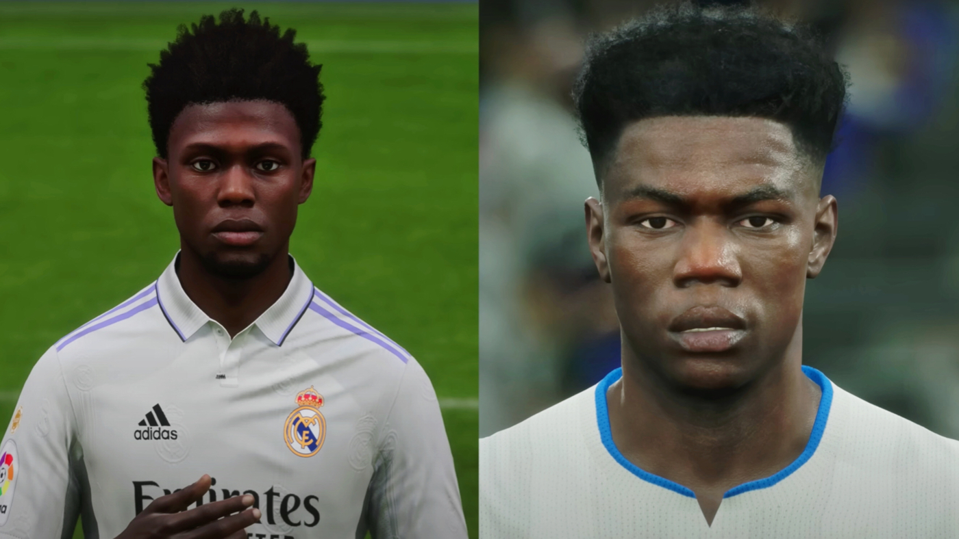 Орельен Чуамени в FIFA (слева) и eFootball (справа)