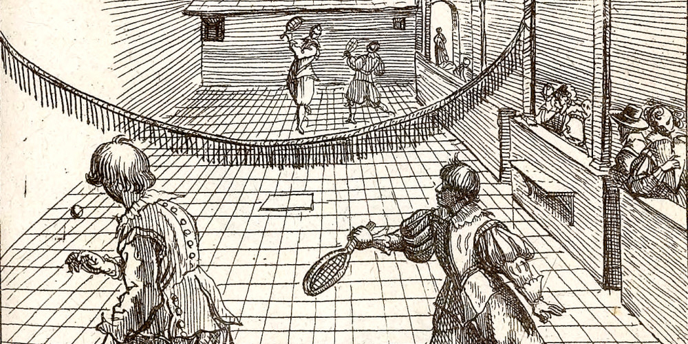 Предок тенниса jeu de paume. Это — гравюра на дереве, созданная Пьером Бребьетом для книги Шарля Юльпо, изображает игорный зал «жё-де-пом» в 1632 году. Изначально играли просто ладонью, потом чем-то типа перчатки, и только позже это трансформировалось в нечто, напоминающее современные ракетки.